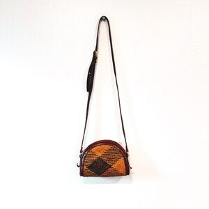 Vintage Tan and Black Half Moon Leather and Rattan Crossbody Bag